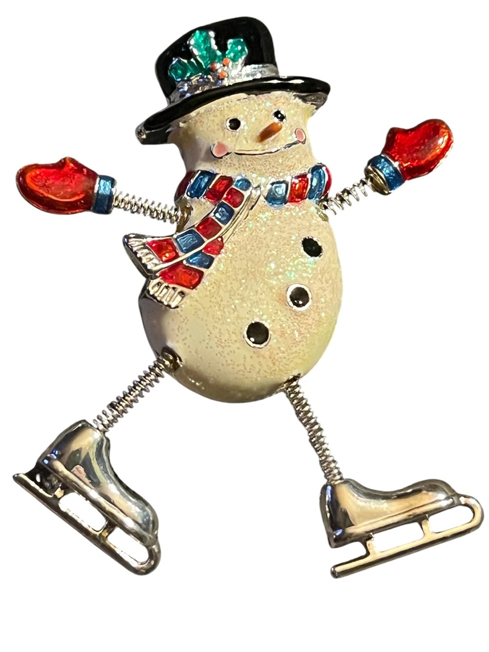 Vintage Danecraft Festive Cream Snowman Ice with Skates Trembler Silver Brooch